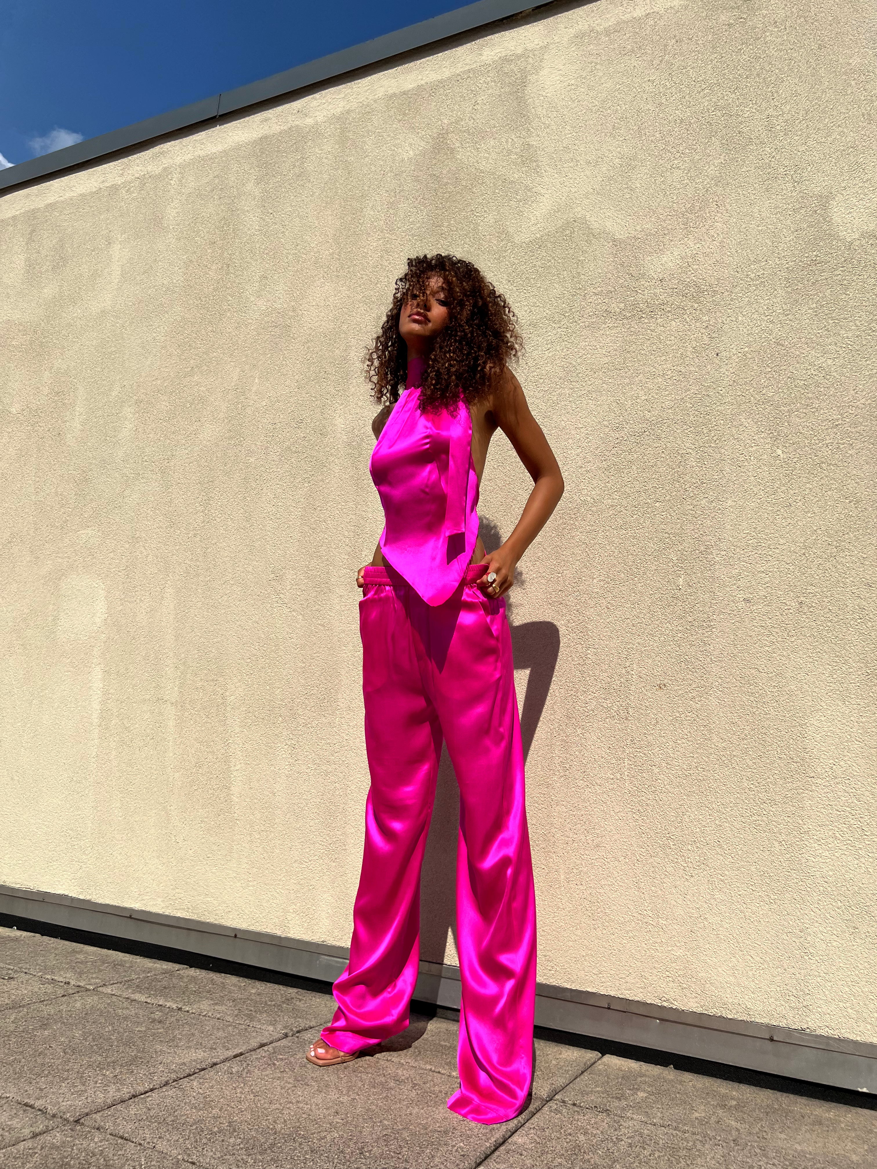 The Iris Hot Pink 100% Silk Charmeuse Wide Leg Pant