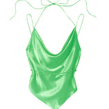 The Leo Mint 100% Silk Charmeuse Lace Up Top