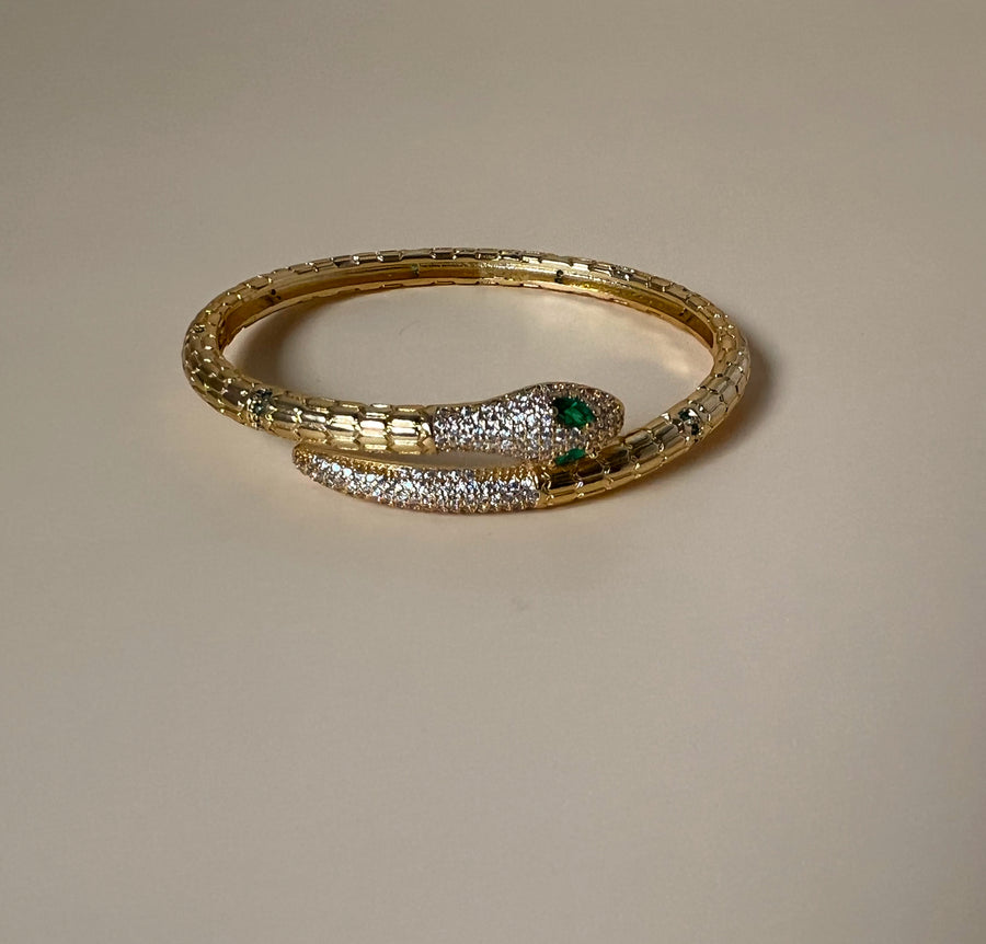 Vintage Gold Snake with Emerald Eyes Bangle