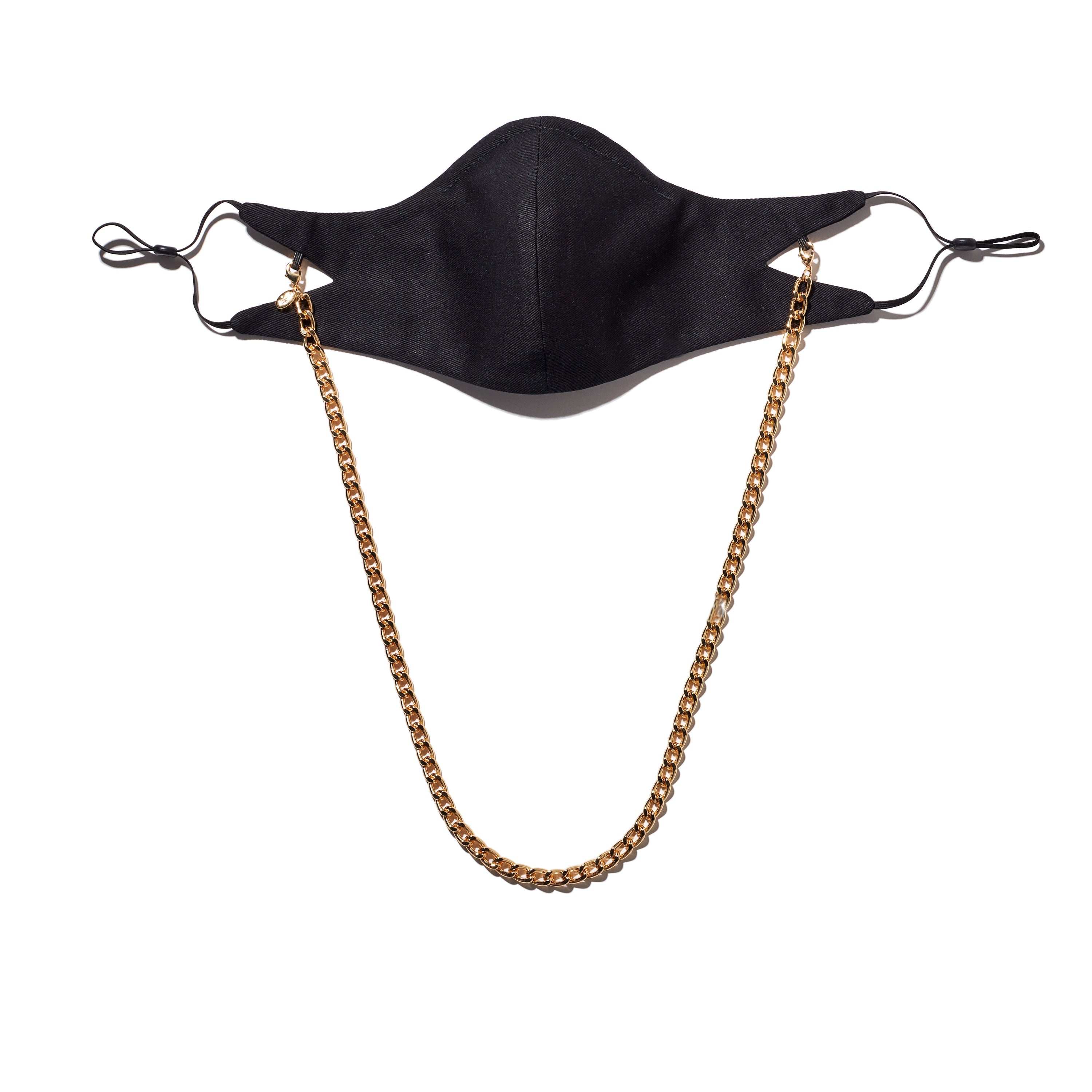 The Tina Cotton Twill Mask in Black with Gold Chain.